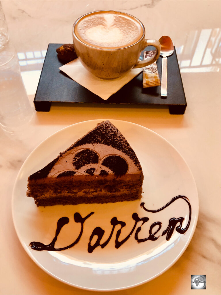 Being spoilt, with amazing coffee and a very personalised chocolate cake, at the truly divine Papasi Café in Yazd.