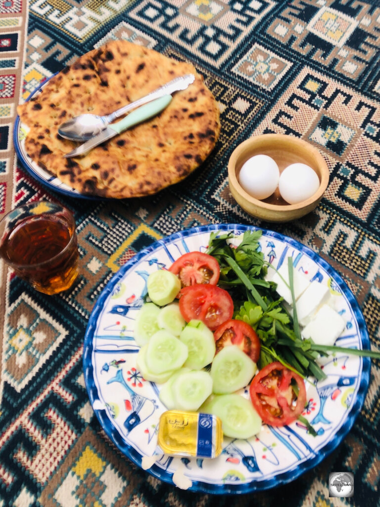 My typical Iranian breakfast, which was served each morning at the Friendly Hotel in Yazd.