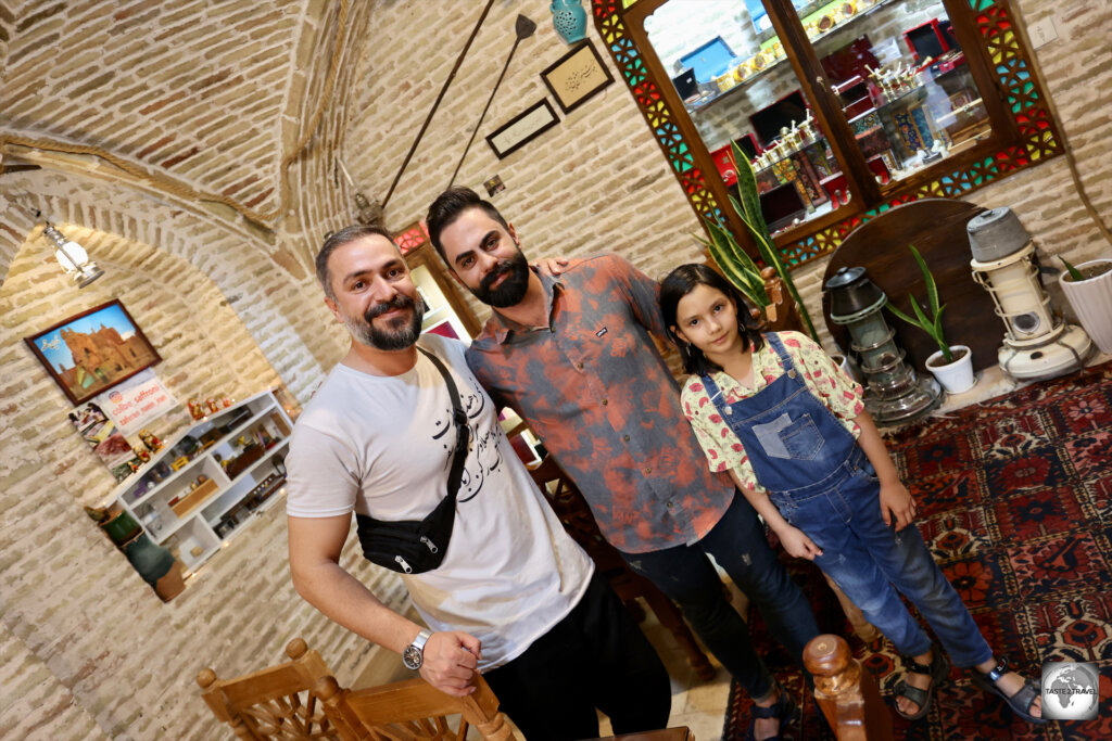 Essi, Davood and his daughter, at the Saffron cottage Restaurant in Naeen.