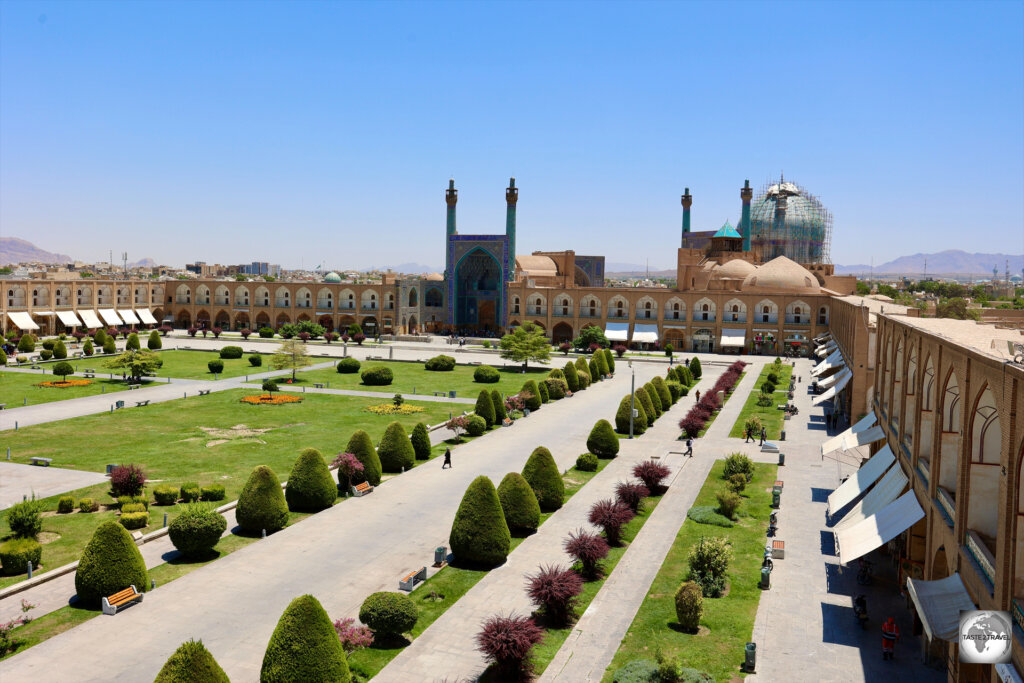 A view, from the balcony of the Ali Qapu Palace, of the northern half of Naqsh-e Jahan Square, the main square of Esfahan.