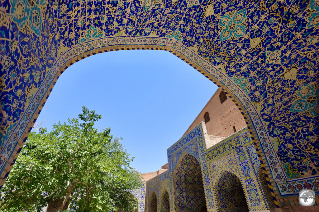 A view of the leafy courtyard of one of the two madrasa's at the Shah Mosque.