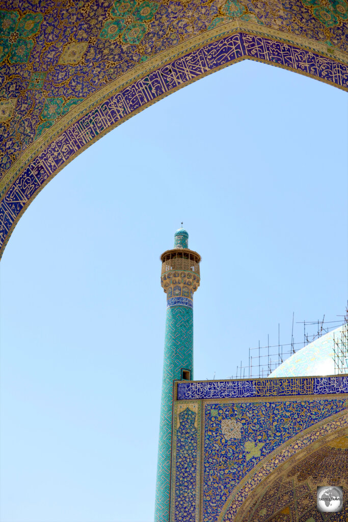 Tilework, and calligraphy, at the Shah Mosque in Esfahan.