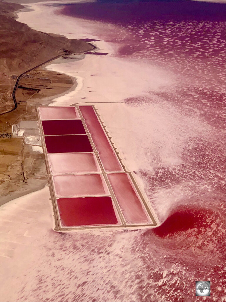 An aerial view of the spectacularly pink Maharloo Lake.