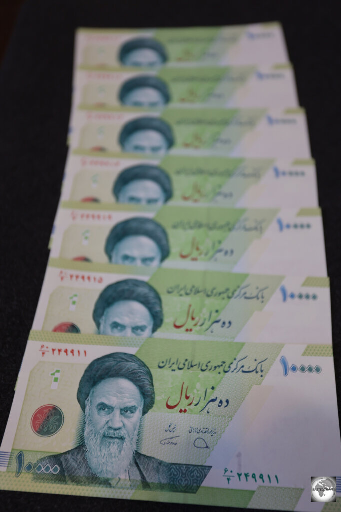 All bank notes in Iran feature the image of Ayatollah Khomeini, the first supreme leader of Iran from 1979 until his death in 1989.