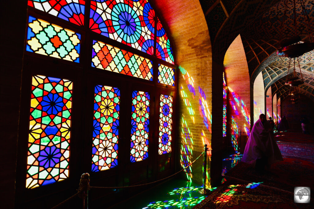 A spectacular rainbow of stained glass makes the “Pink Mosque” one of the most beautiful in Iran.