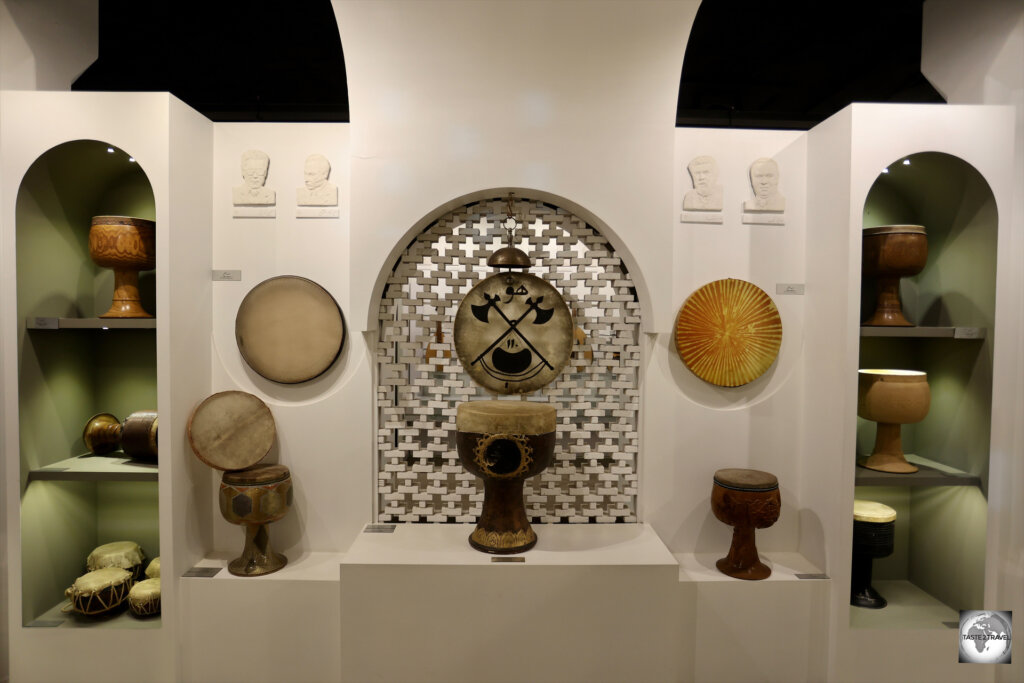 A display of traditional percussion instruments at the Esfahan Music Museum.