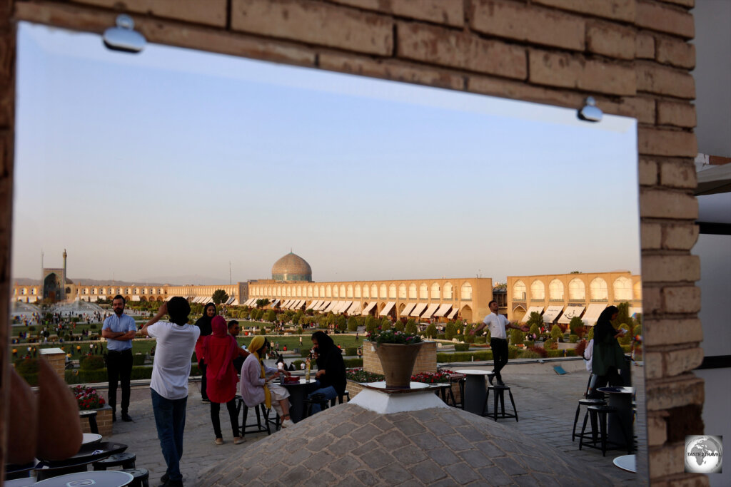 The best sunset views over Naqsh-e Jahan Square (the main square of Esfahan) are from the terrace of the Qeysariye Café.
