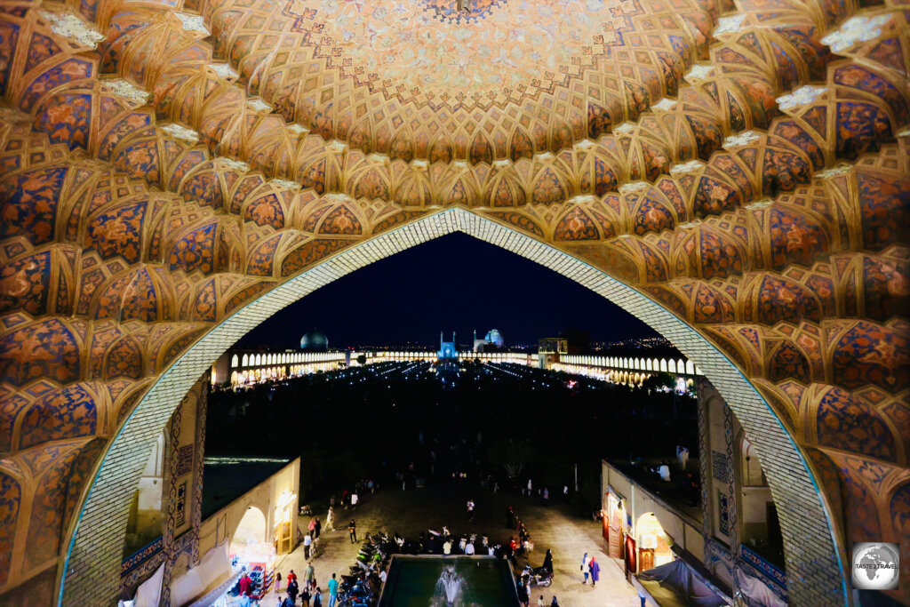 The stunning view of the Naqsh-e Jahan Square in Esfahan, from the private loft room at the top of Qeysariye Gate.