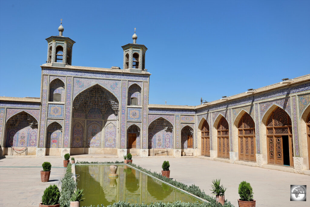 A view of the courtyard at the Nasir al-Mulk Mosque in Shiraz.