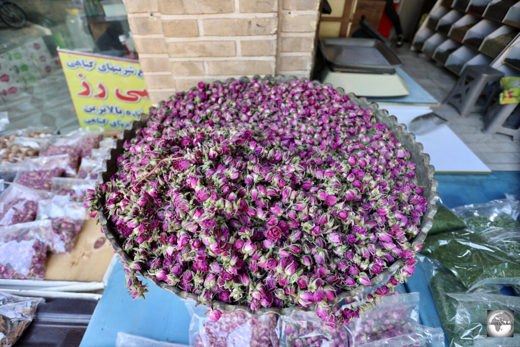 Damask roses for sale at a Rosewater shop in Kashan.