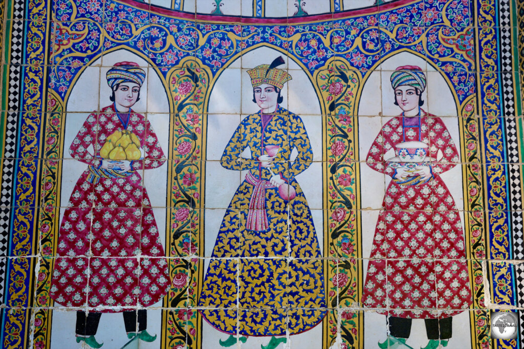 A wall painting at Qavam House, depicting three Qajari eunuchs.