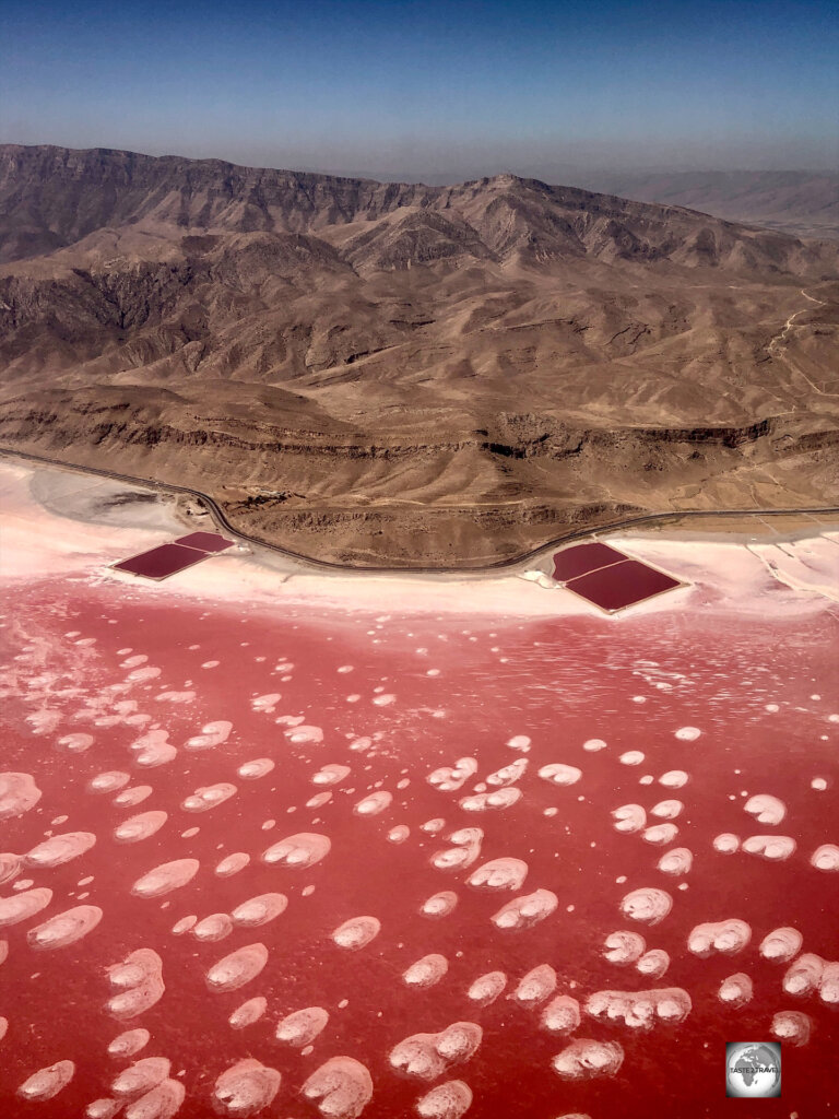 An aerial view of the spectacularly pink Maharloo Lake.