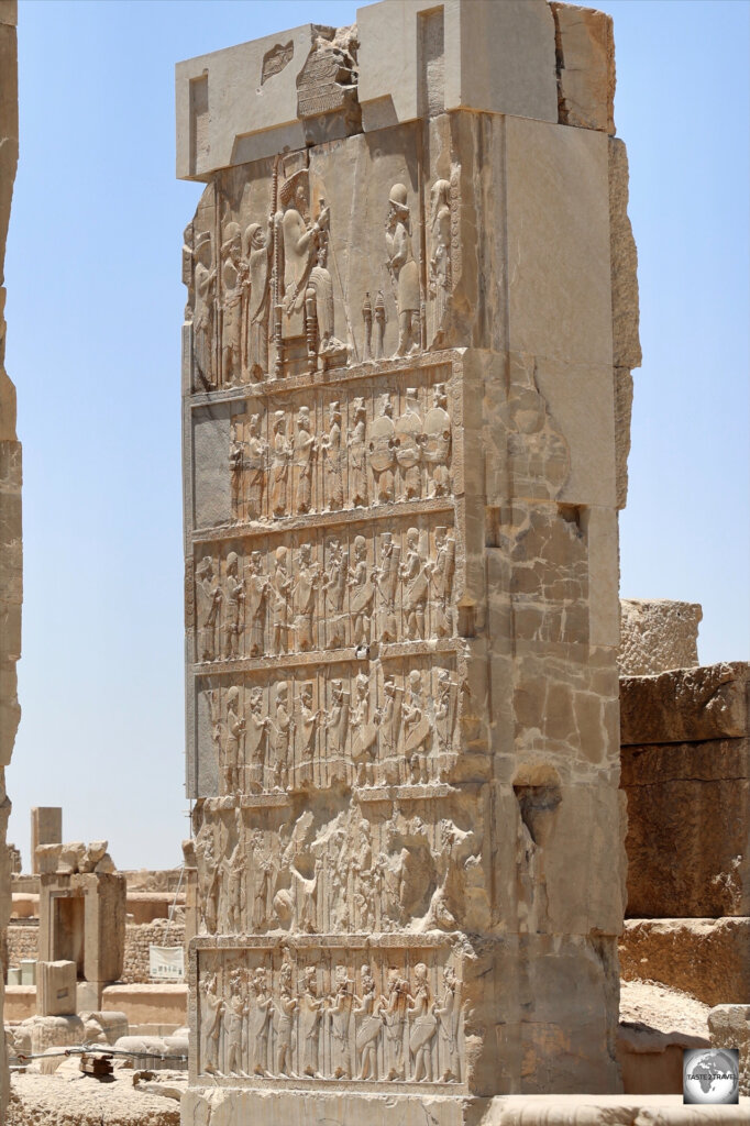 A column, covered in relief carvings, at Persepolis.