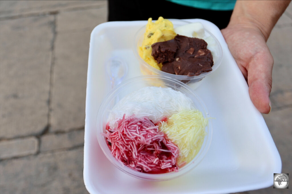'Faloodeh' is a sorbet ice cream which is mixed with vermicelli rice noodles and rose water.
