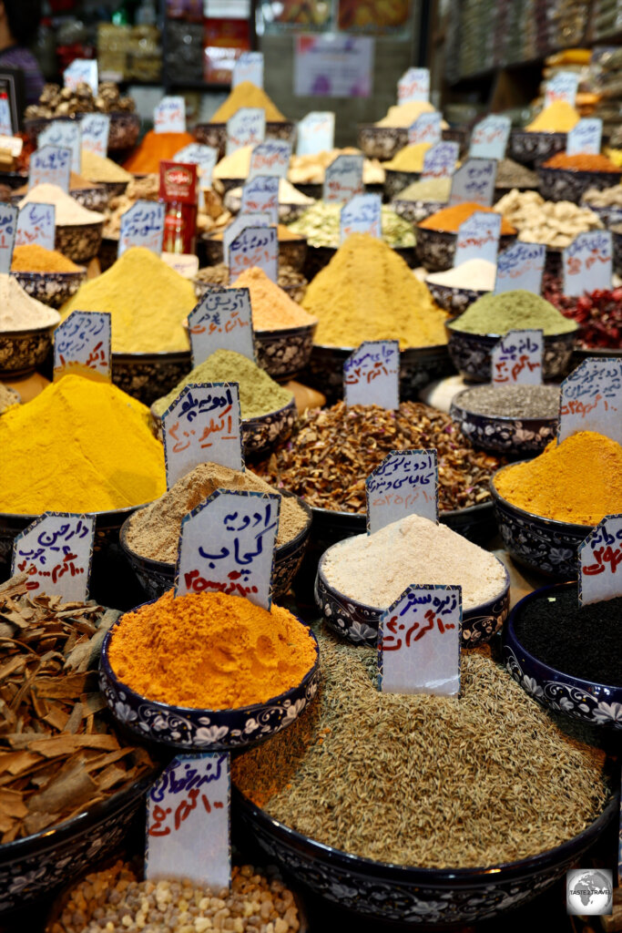 Spices, such as those seen here at a spice shop in Shiraz, are integral to Iranian cuisine.