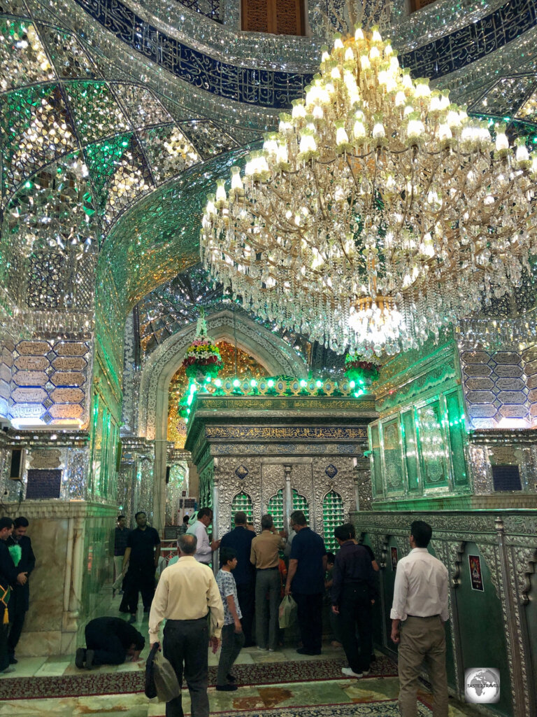 A view of the Tomb of Sayyid Ahmad, and the mirror-covered central dome, inside the Shahcheragh Shrine in Shiraz.