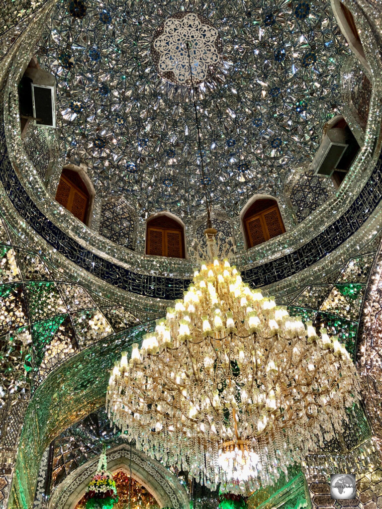 A view of the mirror-covered central dome, inside the Shahcheragh Shrine in Shiraz.
