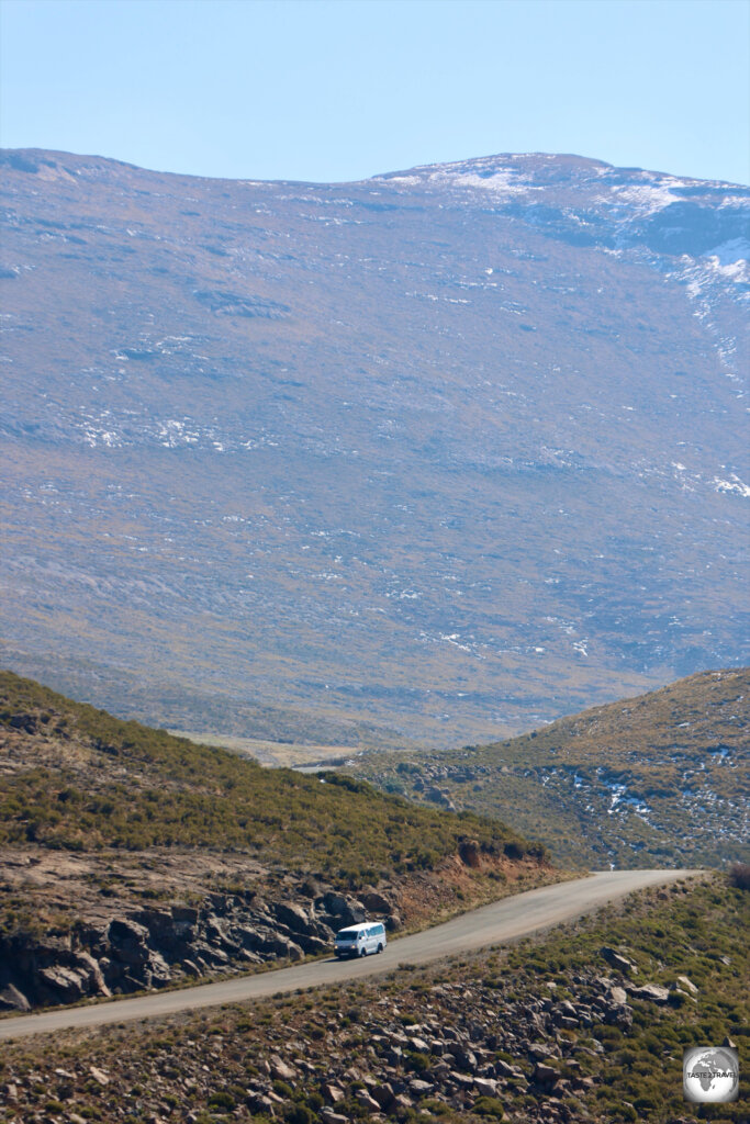 Travelling over one of many mountain passes in mountainous Lesotho