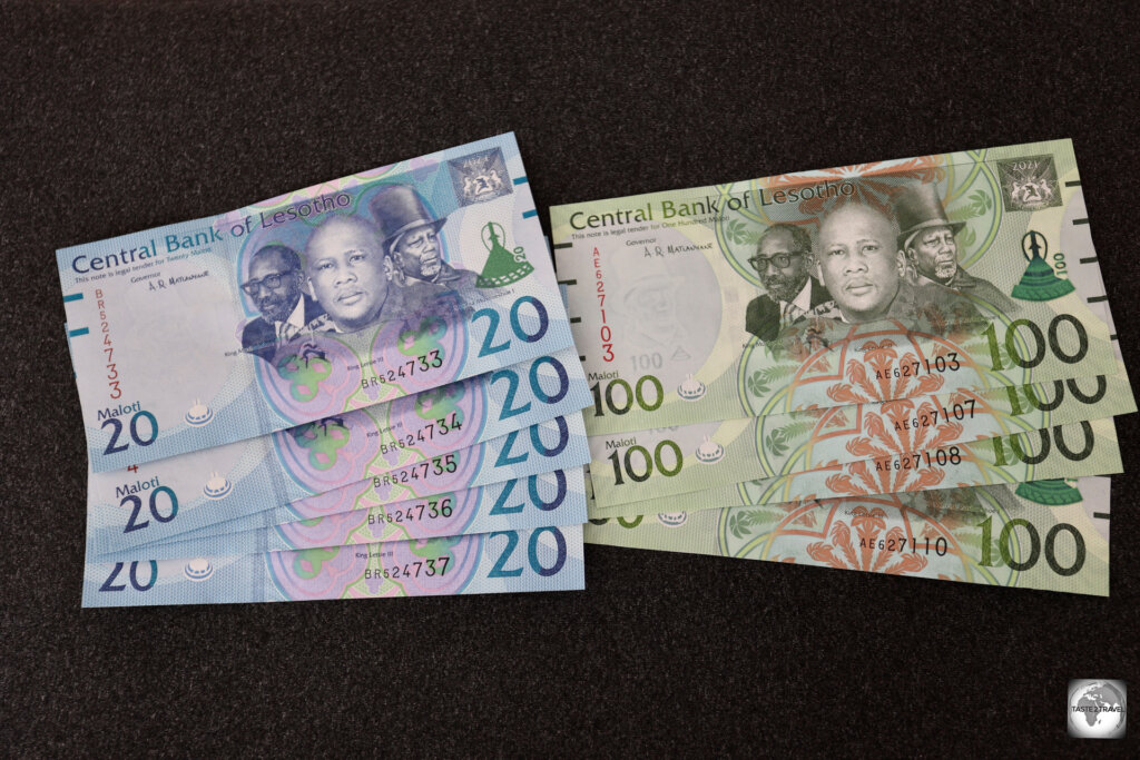 Uncirculated Loti banknotes, which feature Kings Moshoeshoe II (left), Letsie III (centre - current ruler) and Moshoeshoe I (right).