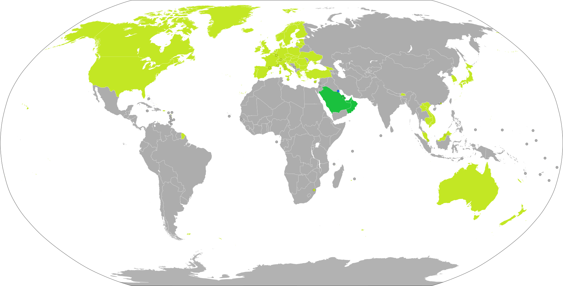 The visa policy map of Kuwait, with VOA countries highlighted in light green. 