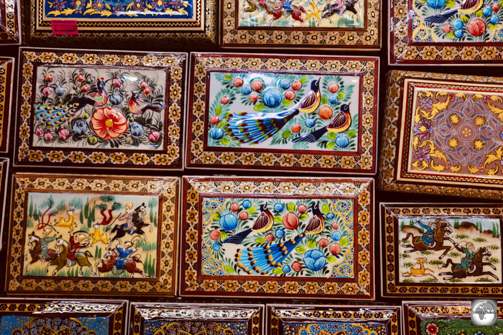 Wooden boxes, decorated with miniature Persian paintings, a popular souvenir item in Esfahan.