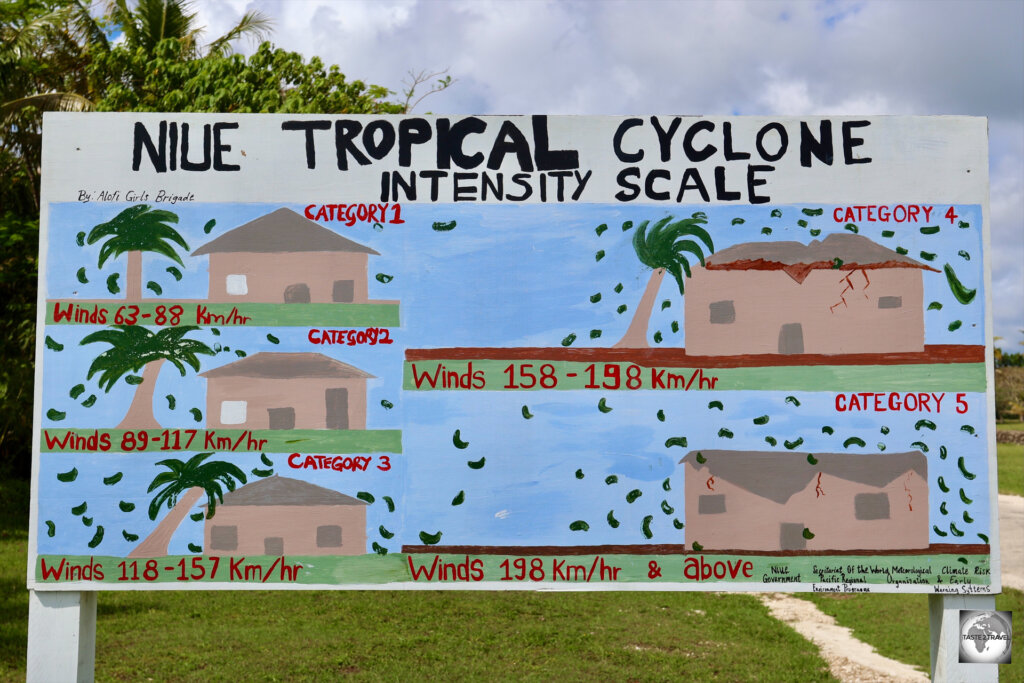 A noticeboard illustrates cyclone intensity levels. Watch what happens to the tree at each level.