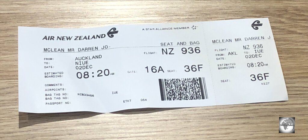 My Air New Zealand boarding pass for my flight from Auckland to Niue.