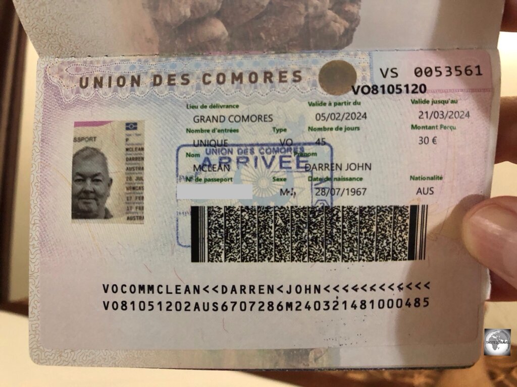 My Visa-on-Arrival (VOA) which was issued without fuss at Moroni International Airport.