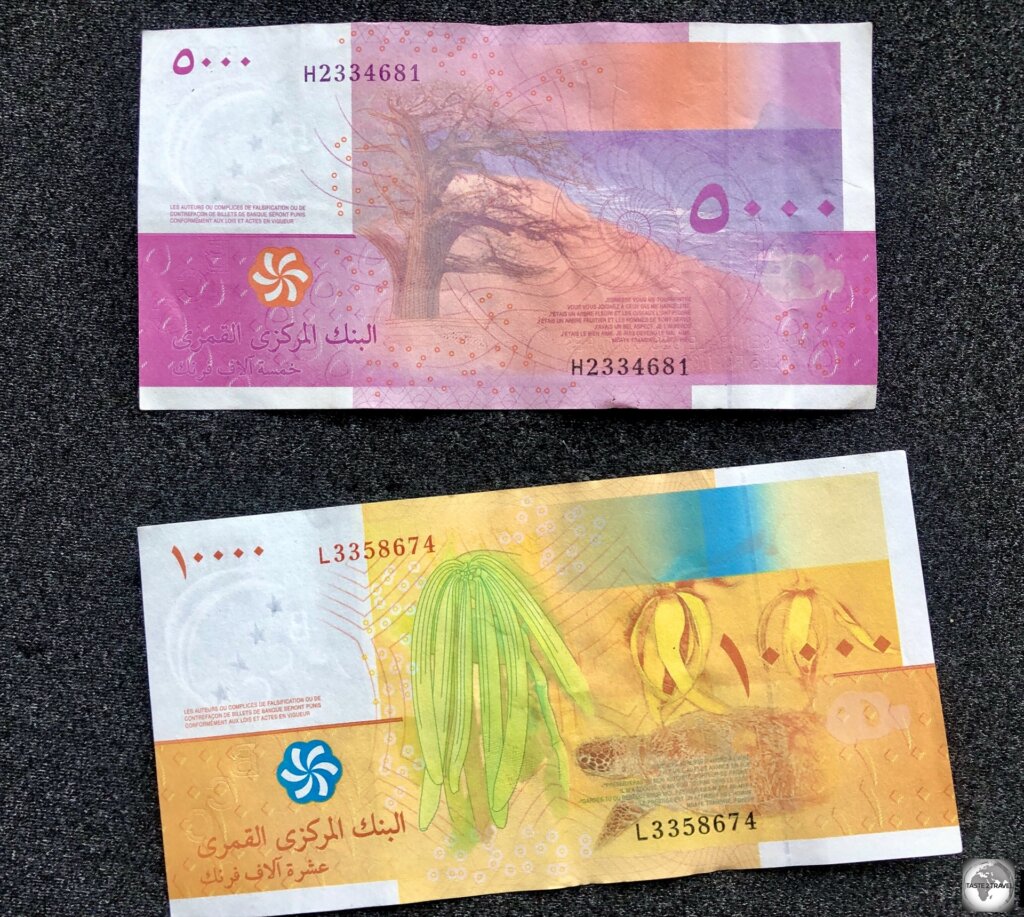 A view of the obverse side of Comoran Franc banknotes.