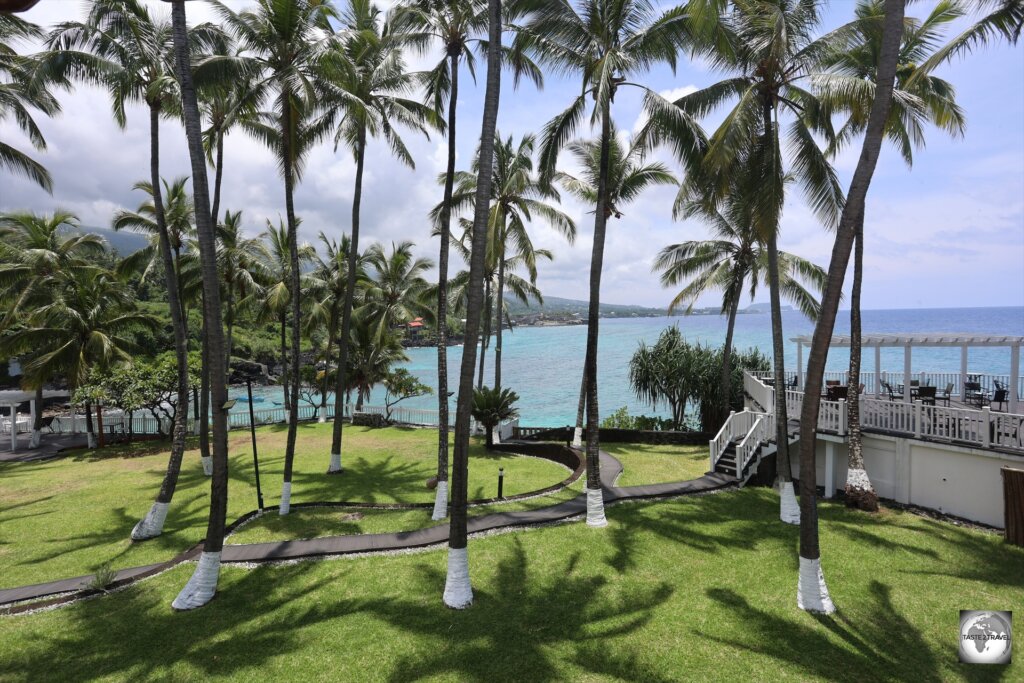 A view of the garden and the Indian Ocean, from my room at the Golden Tulip Hotel.