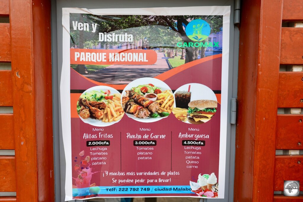 Menu prices, displayed at a café in the Malabo National Park.