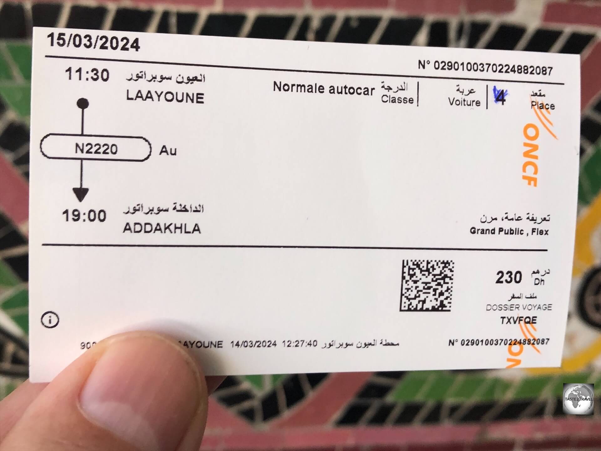 My Supratours bus ticket from Laayoune to Dakhla, which cost 230 MAD. 