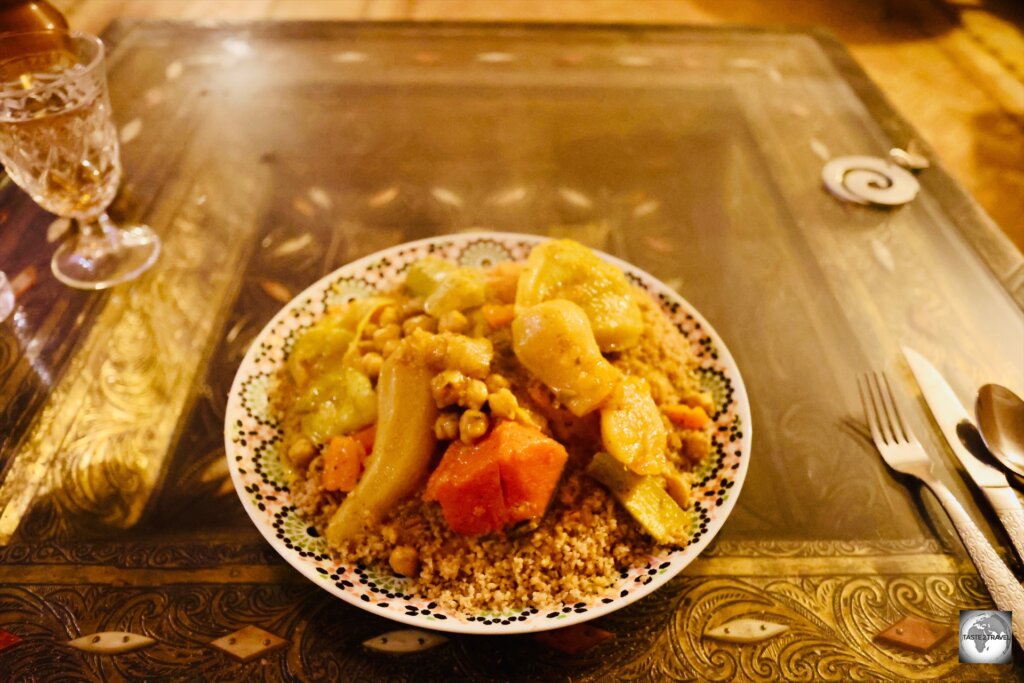 A dinner of camel couscous and vegetables, served one evening at the Dar Rio Oro guest house in Dakhla.