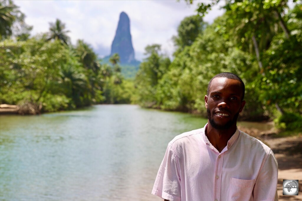 My guide on São Tomé, Elisio Nunes took me to this remote, hidden beach which offered a spectacular view of the iconic Pico Cão Grande.