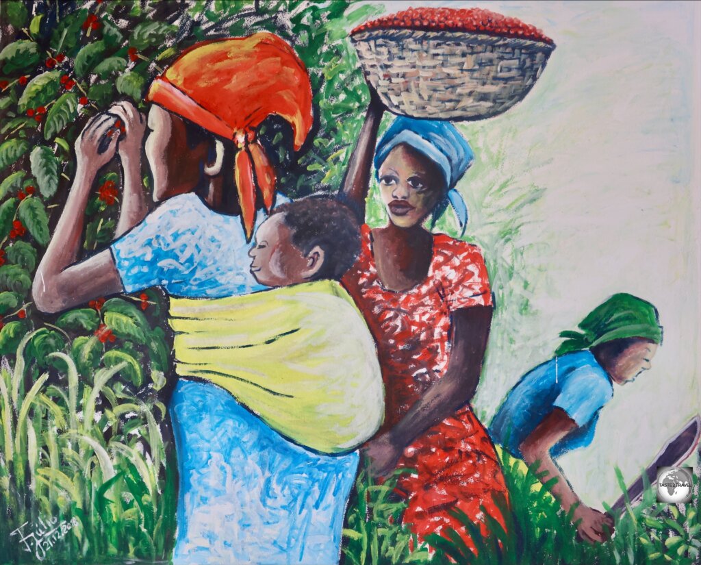 Artwork in the museum at Roça Monte Café shows coffee plantation workers collecting beans.