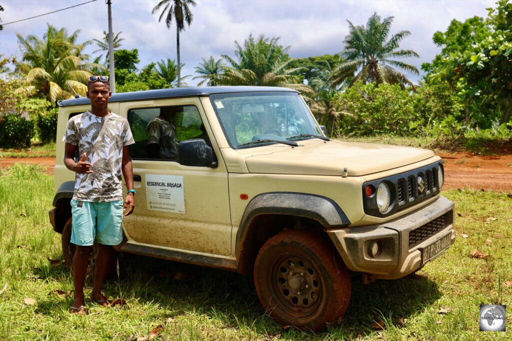 Exploring Principe with my rental car from my guesthouse, Residencial Brigada, and my local guide/ driver - Rodrigo Lopes.