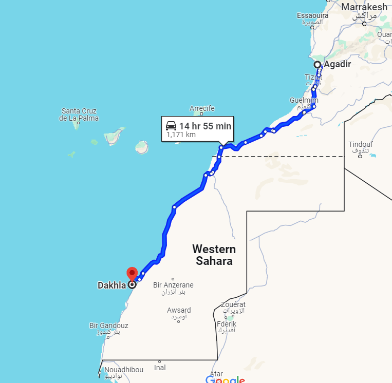 Road distance from Agadir to Dakhla. Road distance from Agadir to Dakhla. 