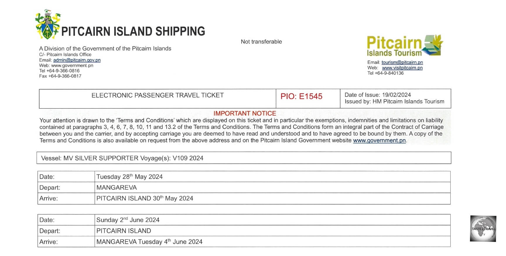 My booking confirmation for the MV Silver Supporter which was emailed to me by Pitcairn Islands Tourism.