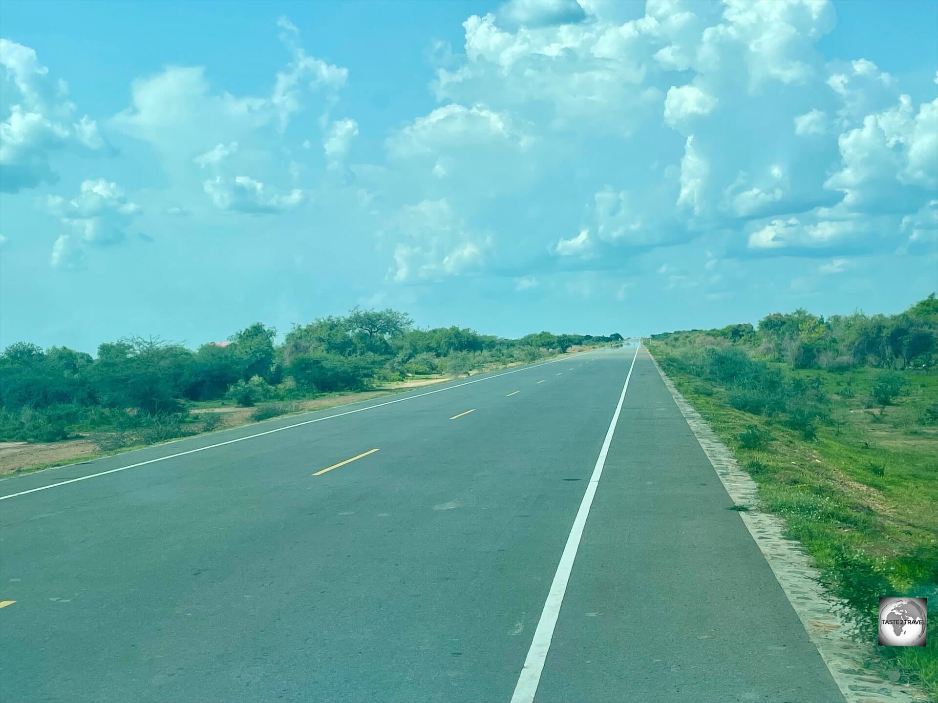 The only good road in South Sudan is this one Chinese-built highway which runs north of Juba.