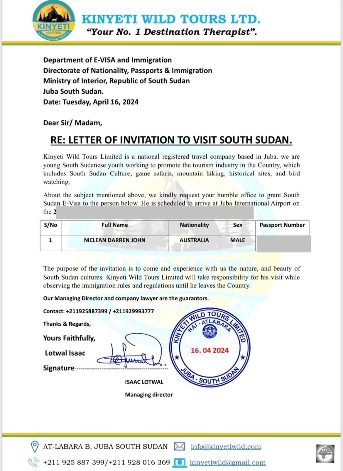 My Letter of Invitation (LOI) for South Sudan, which was issued by Kinyeti Wild Tours. 