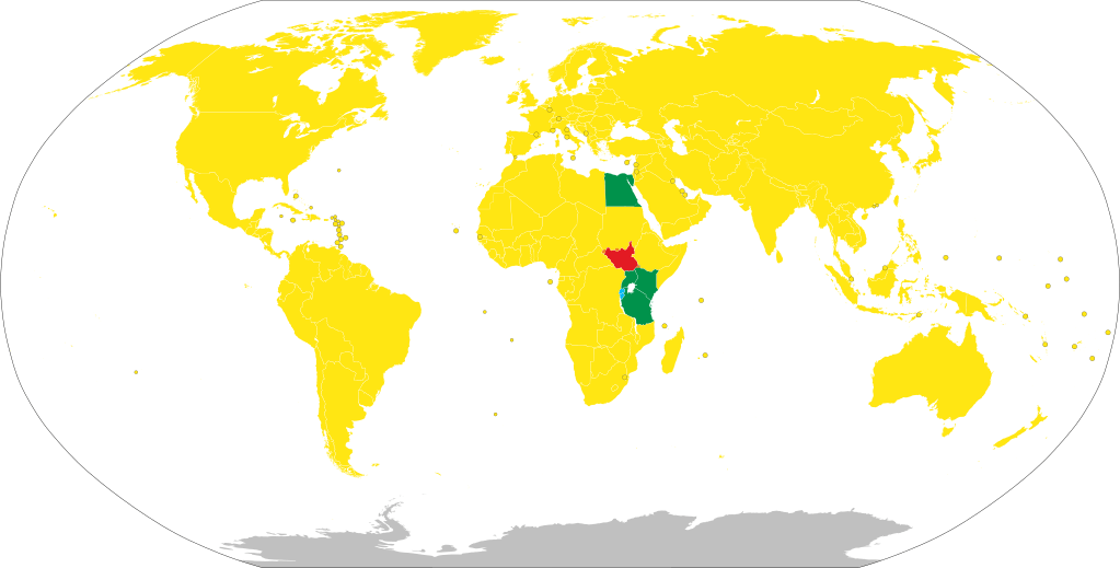 Visa policy map of South Sudan, with those nationalities which require an e-Visa highlighted in yellow. 