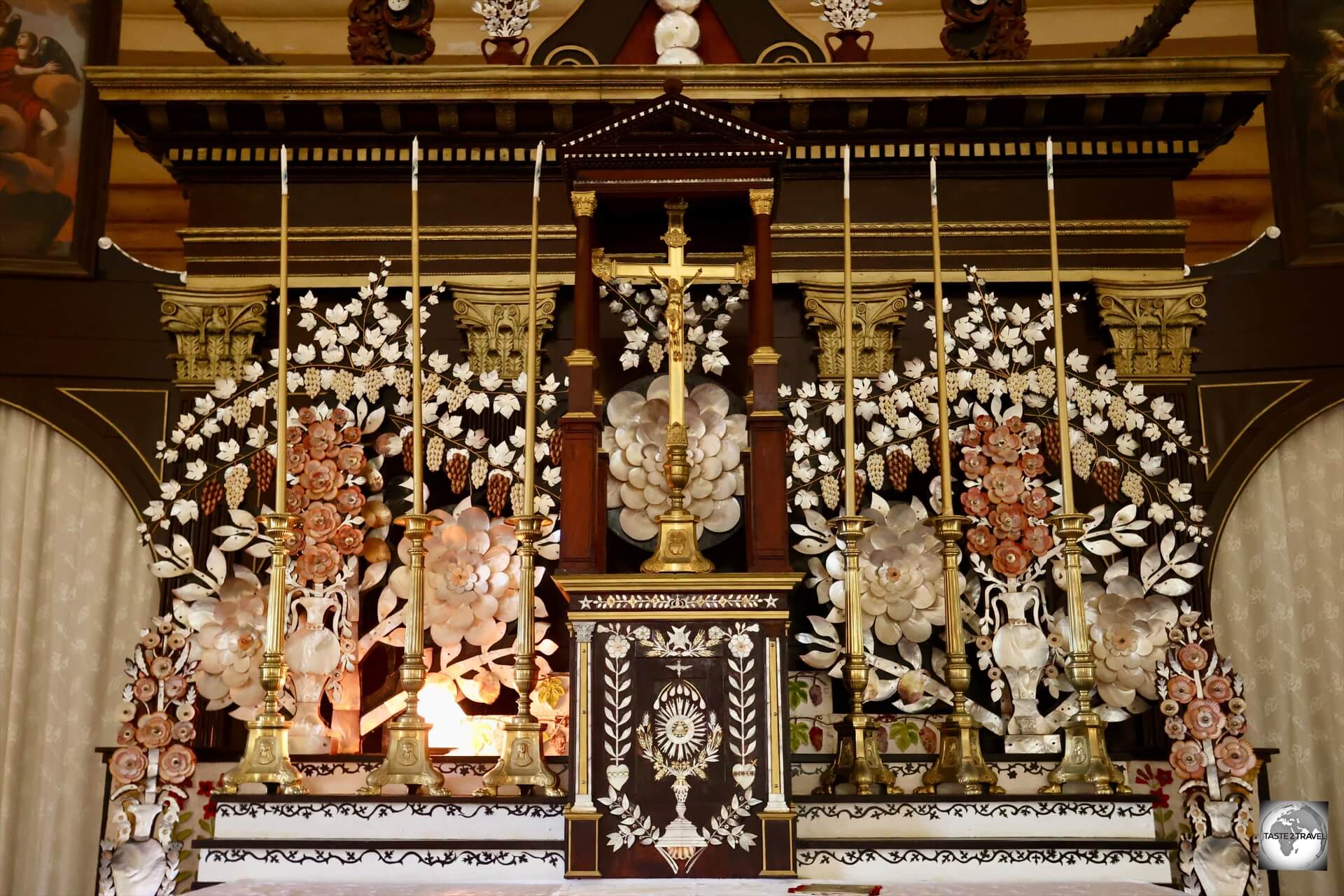 A view of the ornate altar at St. Michael's Cathedral on Mangareva.