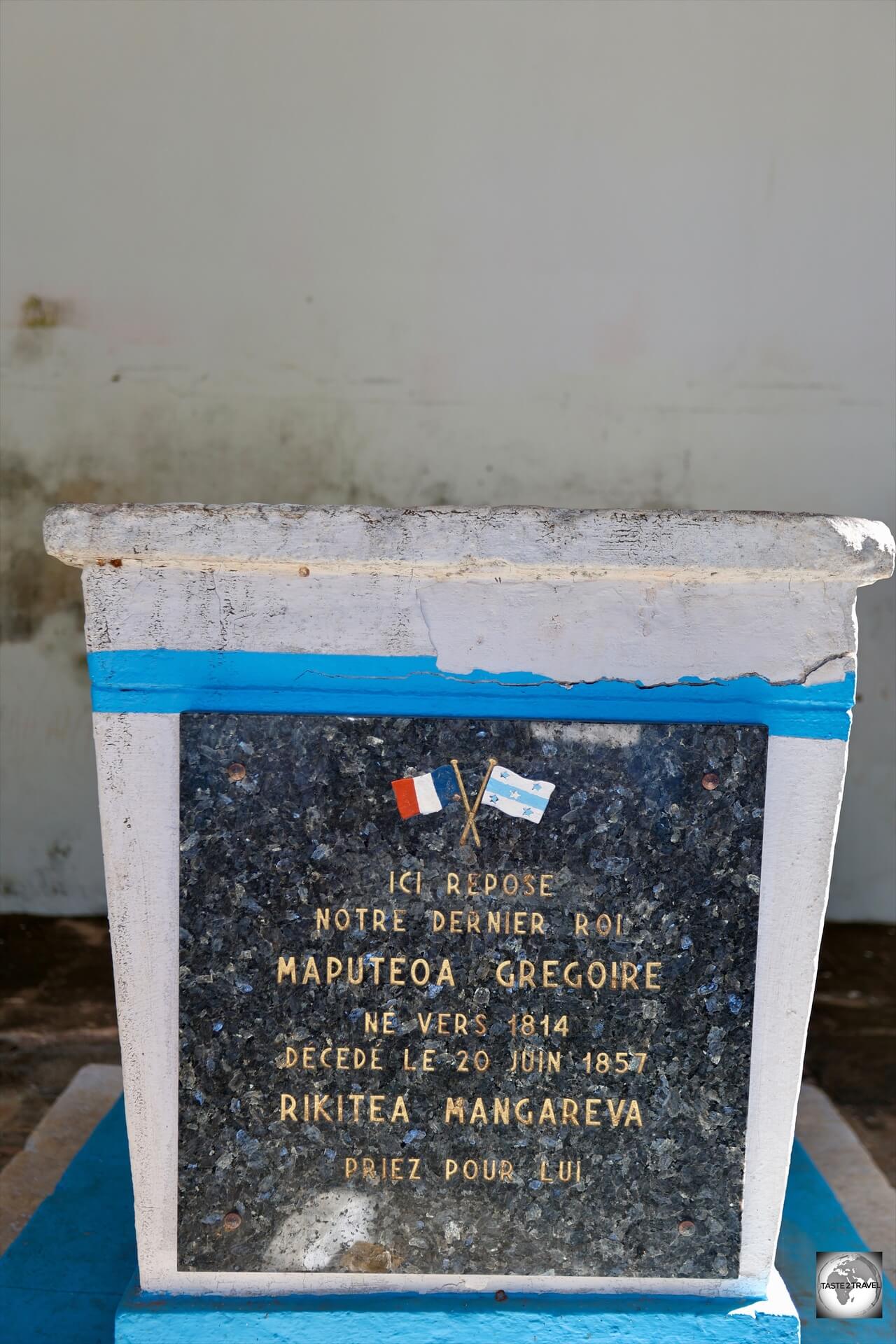 The tomb of King Te Ma-puteoa, who, after baptism changed his name to Gregorio in honor of Pope Gregory XVI.