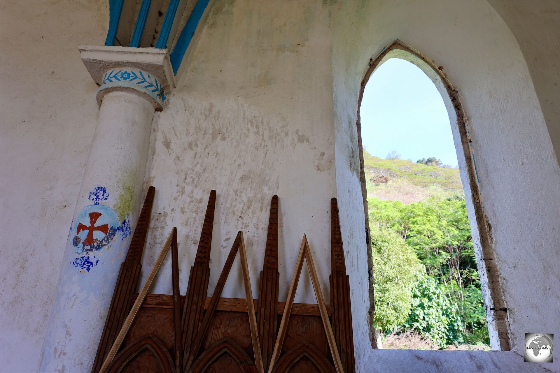 A view of the interior of the Church of Saint-Gabriel, Taravai Island.