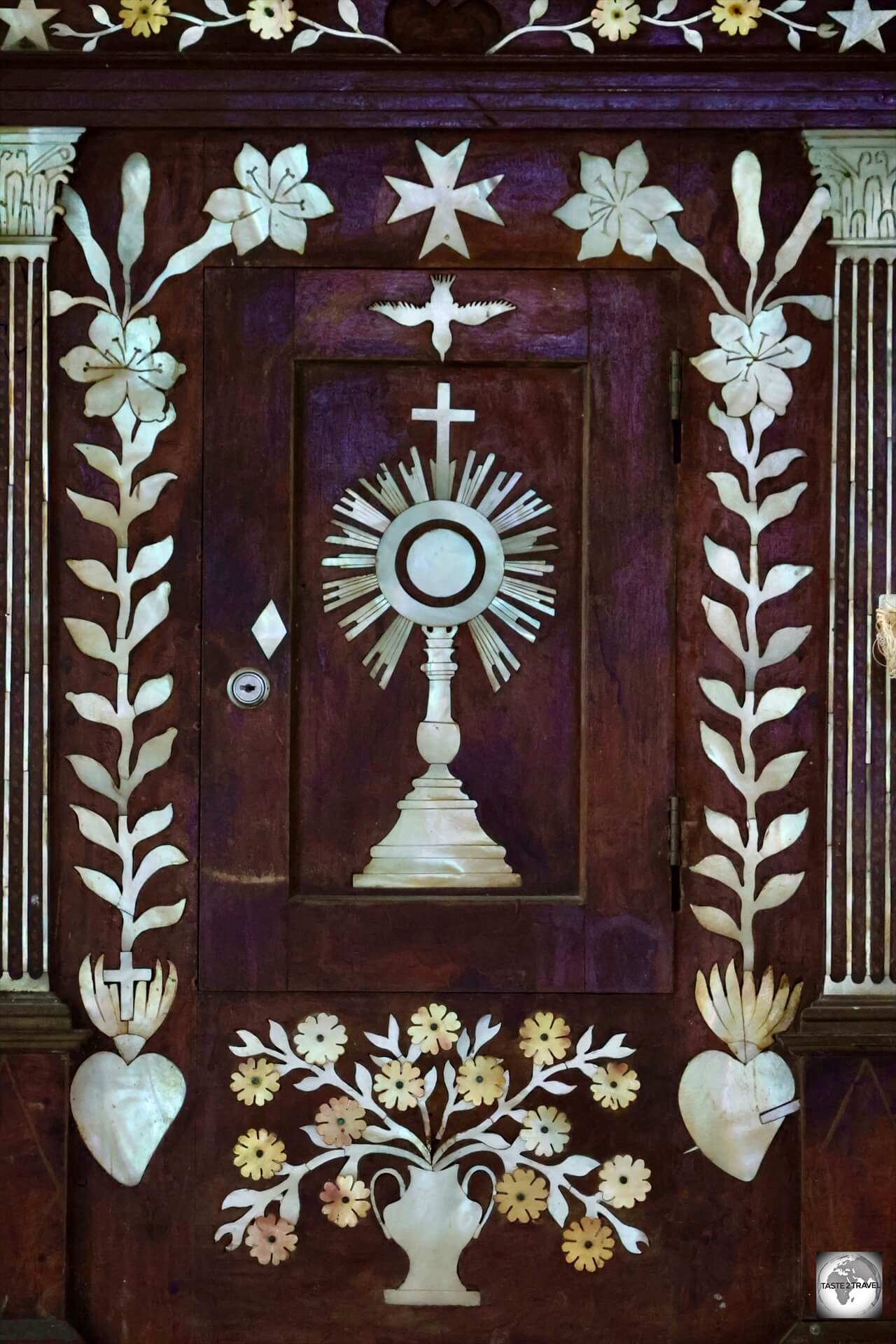 Mother-of-Pearl inlay features in the altar of Notre-Dame de la Paix Church.