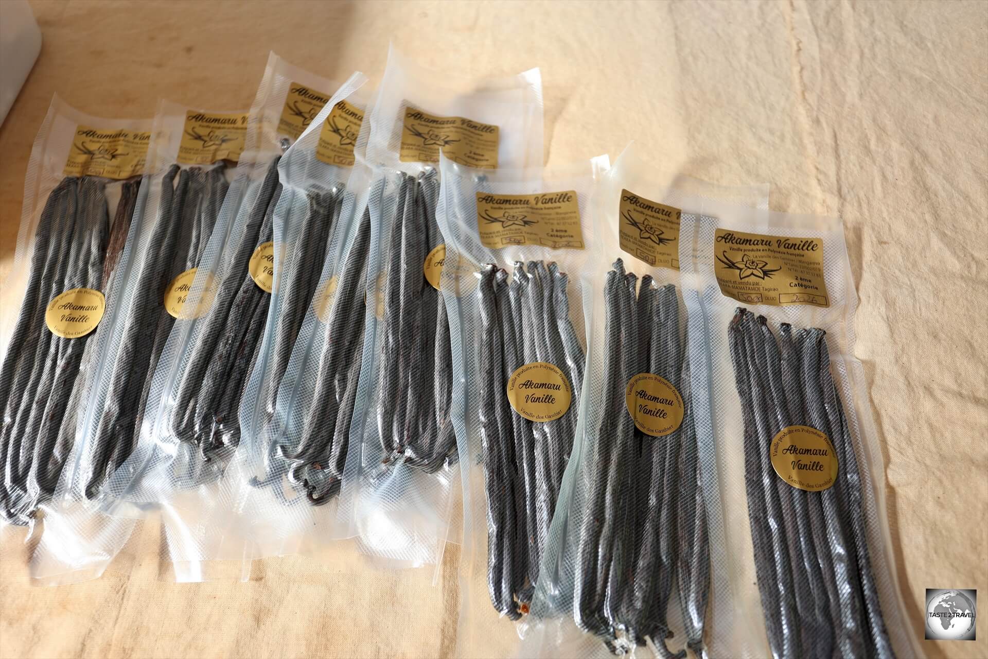 Packets of vanilla for sale at Akamaru Vanilla Farm - 50 grams for US$50.