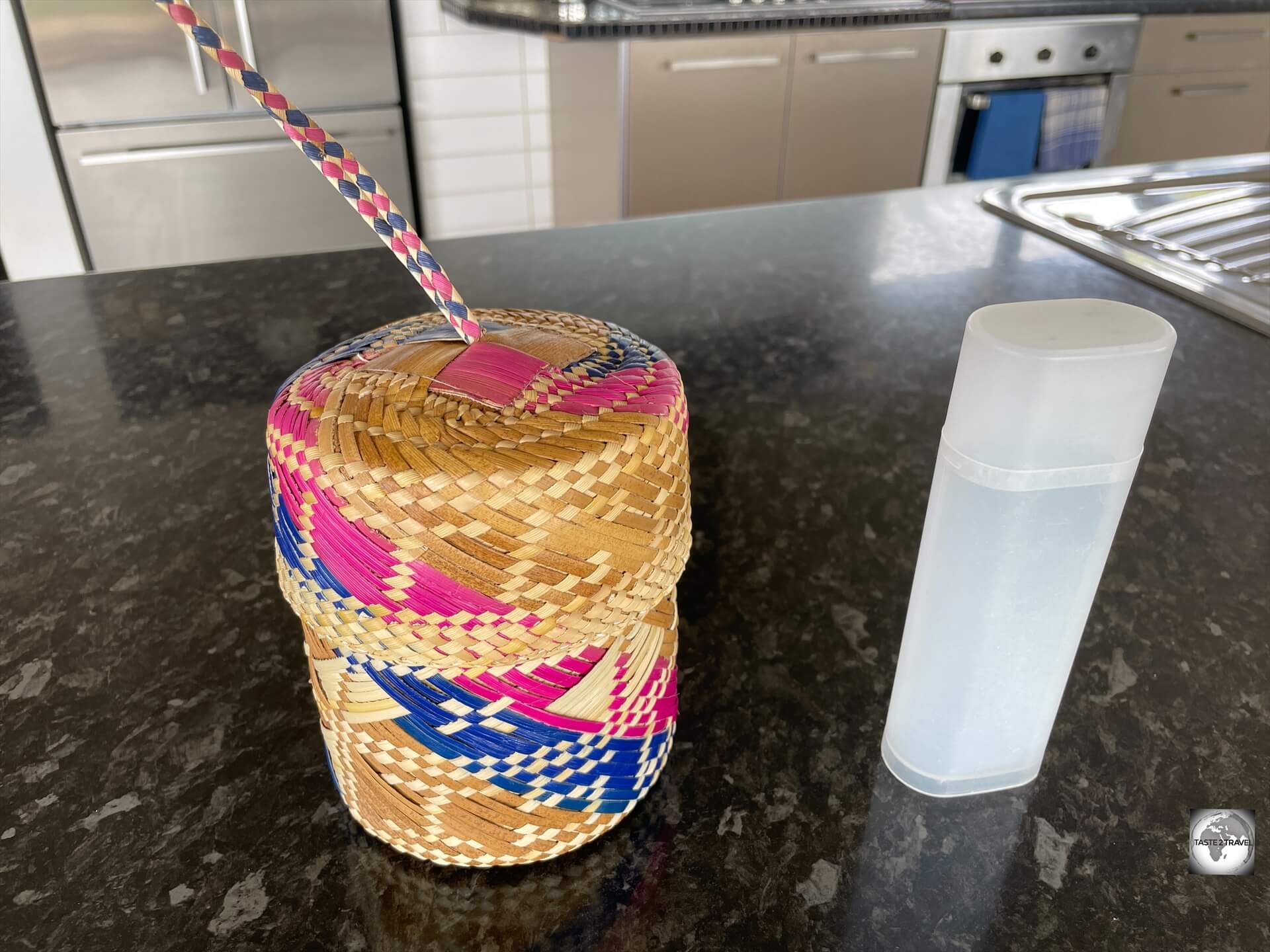 My souvenir of Pitcairn - a woven basket which was woven by Daphne Warren, an octogenarian weaver and the last of her kind (glasses case provides scale).