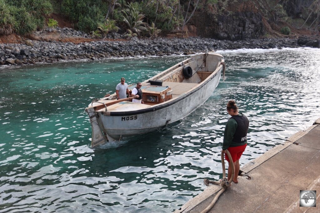 The freshly launched "Moss' longboat in Bounty Bay.