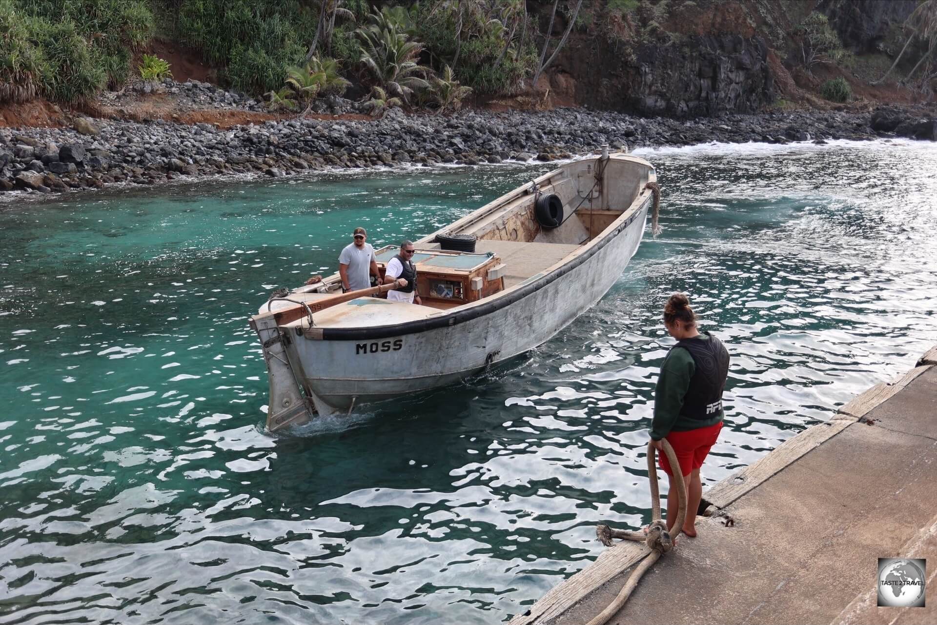 The freshly launched "Moss' longboat in Bounty Bay. 