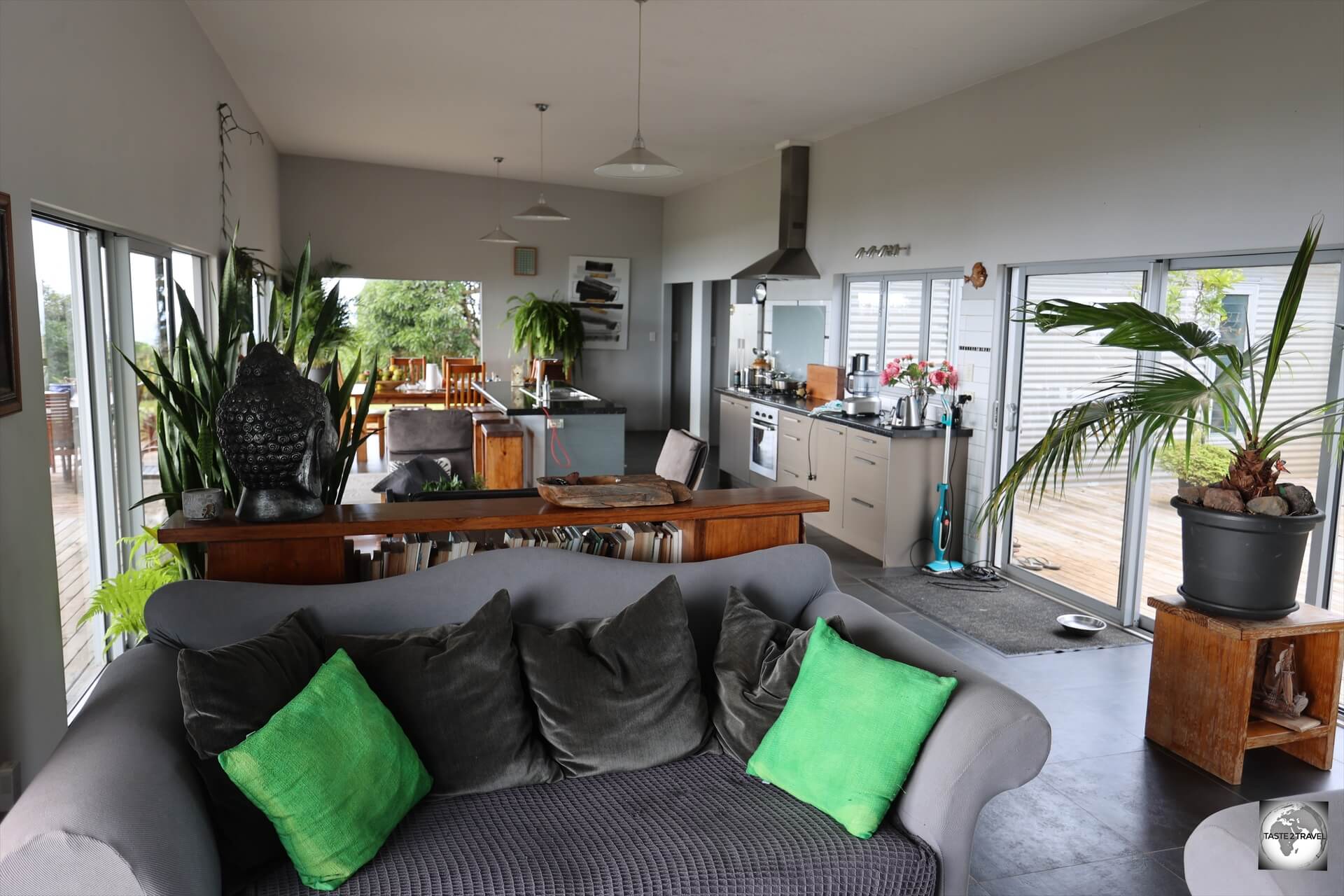 The modern and stylish living room at 'Big Flower'. 